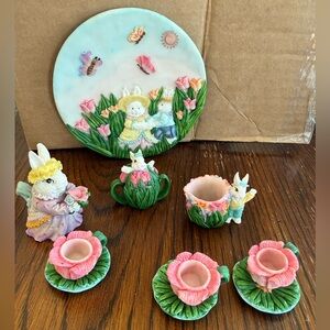 Vintage Easter Bunny Resin Mini Tea Set Collectible 12 pieces